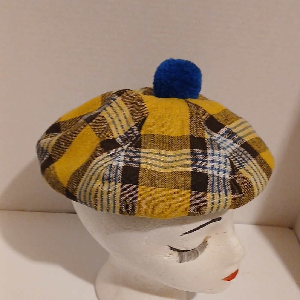 Kangol Yellow Plaid Kids Beret with Blue Pom-Pom
